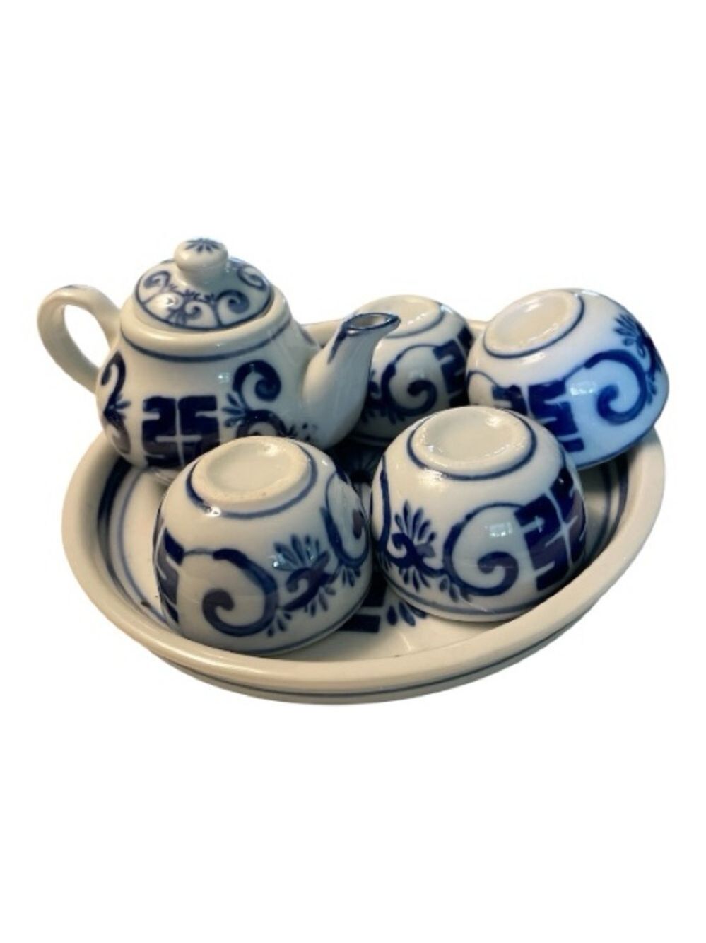 Miniature Chinese Tea Set, Blue & White, Tray, Pitcher, Four Cups.